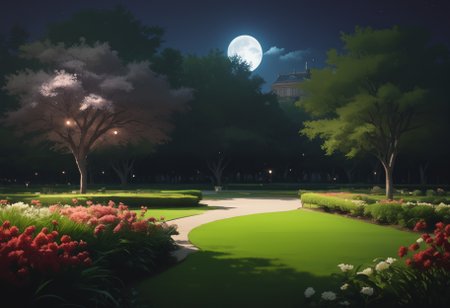 vntgpark, vintage, no humans, park, night, moon, low light setting, outdoors, scenery, flower, tree, building, score_9, score_8, score_7, score_6_up, <lora:Pony_DetailV2.0:1>, <lora:VintagePark:0.4> <lora:ArtgermLycoXL:0.85>
