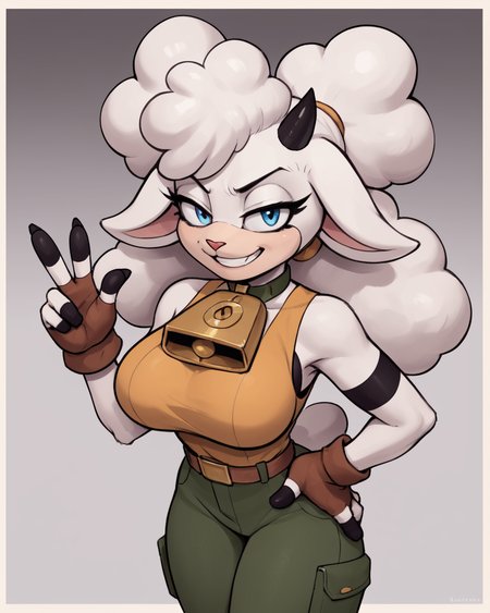 score_9, score_8_up, score_7_up, score_6_up, score_5_up, score_4_up, source_furry, furry, anthro, <lora:Lanolin_V1-000030:0.85> lanolin, sheep, white fur, blue eyes, yellow shirt, sleeveless shirt, green pants, brown gloves, big breasts, cowbell collar, smirk, happy, v sign, hand on hip, high-angle view,