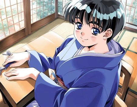 score_9, score_8_up, score_7_up, source_anime, rating_explicit, BREAK <lora:Shinohara_Izumi_XL:1>Shinohara_Izumi, black hair, blue eyes, short hair, bangs, small breasts, 
 solo, japanese clothes, 1girl, 1990s (style), kimono, smile,  indoors, looking at viewer, table, chair, sitting, long sleeves
