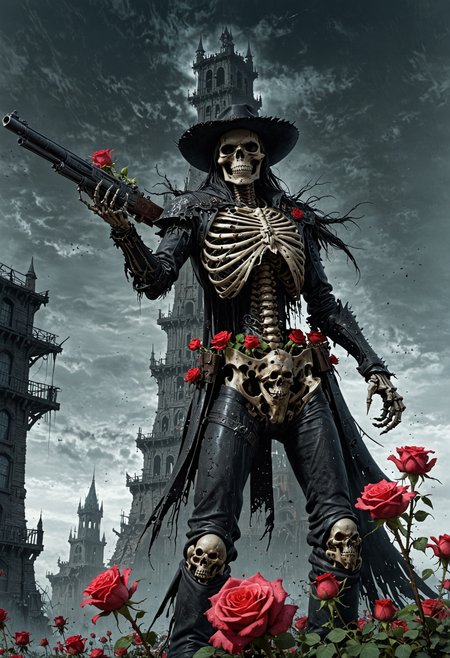 Gunslinger Skeleton in front of a slick and tall dark tower, roses surrounding  <lora:EpicF4nta5yXL:0.8>