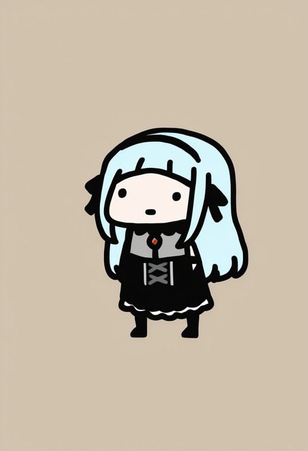masterpiece, best quality, chibi, full body, solo, 1girl, v1ol3t, dot eyes, blue hair, sidelocks, arched bangs, long hair, black hairband, hair ribbon, black ribbon, frilled collar, pendant, sleeveless dress, frilled dress, two-tone dress, grey dress, black dress, center frills, corset, detached sleeves, black sleeves, knee boots, simple background