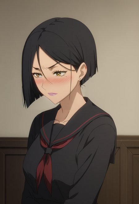 score_9, score_8_up, score_7_up,source_anime, high res image, masterpiece, best quality, 1girl, solo,  <lora:Sanka-Aria:0.8> sanka aria, mature female, dark-skinned female, makeup, , blush, black serafuku,