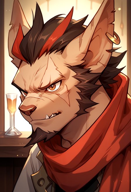 score_9, score_8_up, score_7_up, 1boy, solo, <lora:Khasospony-000001.safetensors:0.7>, khasos_(afk), khasos, facial hair, fang, furry male, goatee, notched ear, single earring, streaked hair, brown eyes, scars, red scarf, close up, from side,  bar,