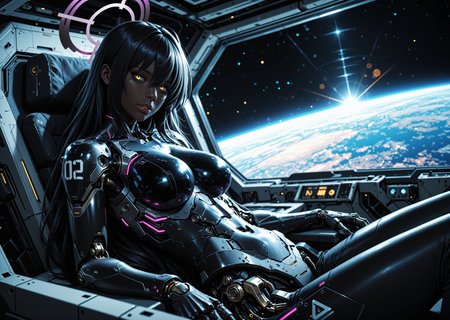 cyborg 1girl, angular, science fiction, futuristic, scenery, (karin \(blue archive\):1.0), sitting in space station, parted lips, mechanical torso, looking at viewer, black hair, yellow eyes, hair between eyes, dark skin, long hair, purple halo, creative angle, head tilt, (dutch angle, dynamic pose:0.9) BREAK masterpiece, best quality, absurdres, HDR, 8K, high contrast, film grain, cinematic lighting, realistic, depth of field, bokeh, neon trim, newest, aidmafluxpro1.1 <lora:- iLL - the_edgy_mech_V3.0:0.4> <lora:aidmaFLuxPro1.1-IL-v0.3:0.2> <lora:Hyper Helmets SDXL v1.0:0.5> <lora:CyborgMechExosuit_v1.5:0.7> <lora:ck-Sci-Fi-Concepts-IL-000015:0.15>âââ