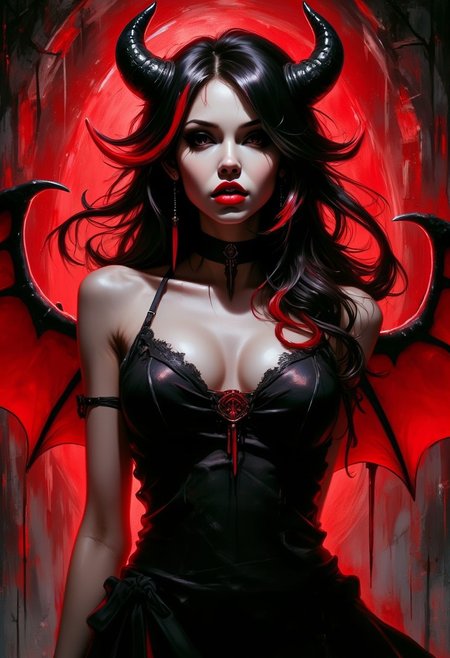 Silhouette Art, magnificent, dark background, portrait of stunning oriental succubus, black hair with red streak, red lips, small horns, sultry, seductive, large red bat wings, black sleeveless dress, light hitting one side of face, abstract red background suggesting a crypt