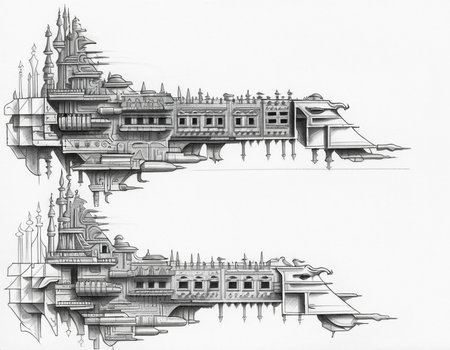 pencil sketch,side view,profile view,simple background,an impstarship battleship,  <lora:Imperial_Navy_-_Warhammer_40000_SDXL:0.75>,indonesian palace style,thick,ornate,eagle statues,monochrome,tall,solo