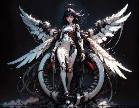 score_9, score_8_up, score_7_up, score_6_up, score_5_up, score_4_up,  (kanji, chinese characters, full body:1.2), angel wings, embedding:zPDXL, 1girl, solo, breasts, very long hair, bangs, simple background, black hair, red eyes, closed mouth, weapon, small breasts, blunt bangs, medium hair, looking at viewer, wide hips, thighs, floating hair, expressionless, black background, science fiction, android, cable, mechanical arms, cyborg, robot joints, mechanical parts, tube, spine