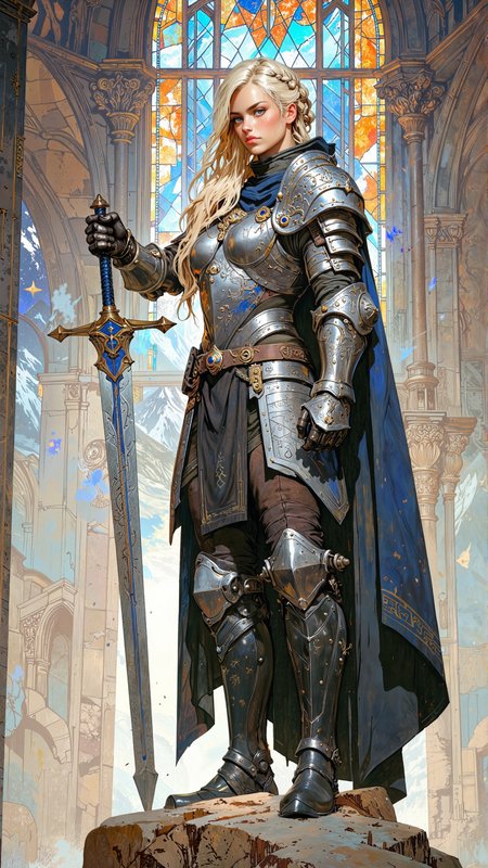 The central focus of the image is a stunning female paladin standing in the heart of a grand medieval cathedral. She is a human with a commanding presence, her features radiating both beauty and strength. Her height is 5'10" (178 cm), with a statuesque and athletic build, showcasing her prowess in battle and her dedication to her holy order. Her skin is fair and smooth, with a healthy, radiant glow that suggests a life of rigorous training and devotion. Her face is strong and symmetrical, with a sharp jawline, a straight nose, and full, rose-colored lips that contrast beautifully with her complexion. Her eyes are large and almond-shaped, a deep, sapphire blue that seems to hold the intensity of a stormy sea. Her eyebrows are bold and slightly arched, adding to her commanding expression.
Her hair is a cascade of golden blonde, long and straight, reaching down to her mid-back. It is partially tied up in a high, intricate braid that wraps around her head like a crown, while the rest flows freely, catching the light like spun gold. A few strands escape to frame her face, adding a touch of softness to her otherwise fierce appearance. Her hair is adorned with small, metallic beads and charms shaped like stars, emphasizing her noble bearing.
She wears a sexy yet practical paladin outfit that combines allure with functionality. Her top is a sleek, form-fitting steel breastplate with intricate engravings of vines and flowers, dyed in silver with blue accents. The breastplate leaves her toned arms and midriff exposed, showcasing her muscular yet feminine physique. Over the breastplate, she wears a flowing, sleeveless cape made of dark, weathered fabric, lined with fur at the edges, which billows dramatically behind her. Her lower body is clad in a pair of high-waisted, thigh-length leather pants, reinforced with steel plates at the knees and thighs for protection. The pants are tucked into knee-high, steel-toed boots made of black leather, adorned with intricate engravings of stars and moons.
Her weapons are as striking as her appearance. She wields a massive, two-handed greatsword with a hilt wrapped in blue leather and a blade etched with runes that glow faintly with a icy light. The sword rests casually on her shoulder, its weight seemingly effortless for her to bear. At her hip, she carries a short, curved sword in a black leather sheath, its hilt wrapped in blue leather and studded with a single sapphire. Her hands are protected by fingerless gauntlets made of blackened steel, allowing her dexterity while providing ample protection.
The scene is set in the grand hall of a medieval cathedral, filled with towering stone columns and stained glass windows that cast colorful patterns of light on the floor. The air is thick with the scent of incense and the sound of distant chanting. In the background, the silhouettes of distant mountains rise against the horizon, their peaks shrouded in mist. A cold wind blows through the hall, carrying with it the scent of rain and earth.
The character stands atop a large, flat stone, her posture confident and victorious. Her expression is one of fierce determination, her sapphire blue eyes scanning the battlefield with a mix of pride and vigilance. The interplay of light and shadow highlights her features, with the fiery hues of the stained glass casting a warm glow on her skin and hair, while the cool tones of the stone create a striking contrast. The overall atmosphere is one of power, resilience, and triumph, perfectly complementing her commanding and alluring presence.
soft pastel anime, Magic style, mythp0rt, DB4RZ