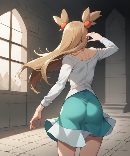 score_9, score_8_up, 1girl,
good quality, masterpiece, mature female, ultradetail, anime, source_anime, aesthetic, (solo)
 <lora:JasminePokemon-05:0.9>PokeJasmine,  long hair, short white cardigan, collarbone,  orange bowtie, sleeves past elbows,  (very short dress), aqua dress,  vibrant color, dynamic pose,  inside abandoned medieval castle ruins, high contrast shadows, fullbody, shading from top, twilight lighting, dusk, from behind,