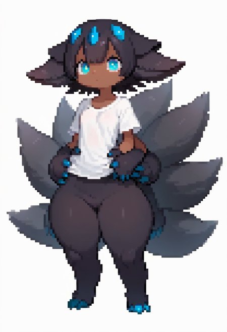 score_9, score_8_up, score_7_up,masterpiece, best_quality, ultra quality,high detail,full body view, whole character view,standing, medium-size chest, thick thighs, slightly wide hips, big ass, bottom heavy, narrow shoulders,estrus, Expressiveh, correct anatomy, correct hands, correct fingers, correct face, correct eyes, correct mouth,correct hair, serious trail, arms crossed,fluffy hair,fluffy, simple background, white background,Faputa, 1girl, dark skin, dark-skinned girl, black hair, short hair, extra arms, dark-blue claws, multiple tails, light-blue eyes, black fur, animal ears, clothes, t-shirt, wearing cyan t-shirt,