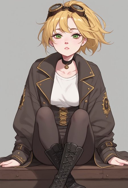 score_9, score_8_up, score_7_up, 1girl, short, pale skin, cute face, green eyes, freckles, short blonde hair, ponytail, side bangs, petite, medium breasts, choker, wearing a black bolero jacket over a loose white shirt, brown pantaloons, black laced boots, belts, wearing steampunk goggles