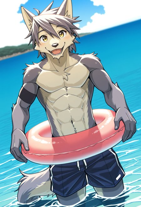best quality, amazing quality, very aesthetic, absurdres, newest, depth of field, detailed background, separate focus, dynamic composition, masterpiece, highres, 4k, solo, kouya_aotsuki, morenatsu, furry male, muscular, rubber ring, shorts, smile, happy, looking at viewer, cowboy shot, dutch angle, outside, detailed background, sea, swimming, <lora:Kouya_Aotsuki_Morenatsu_Illustrious:1>