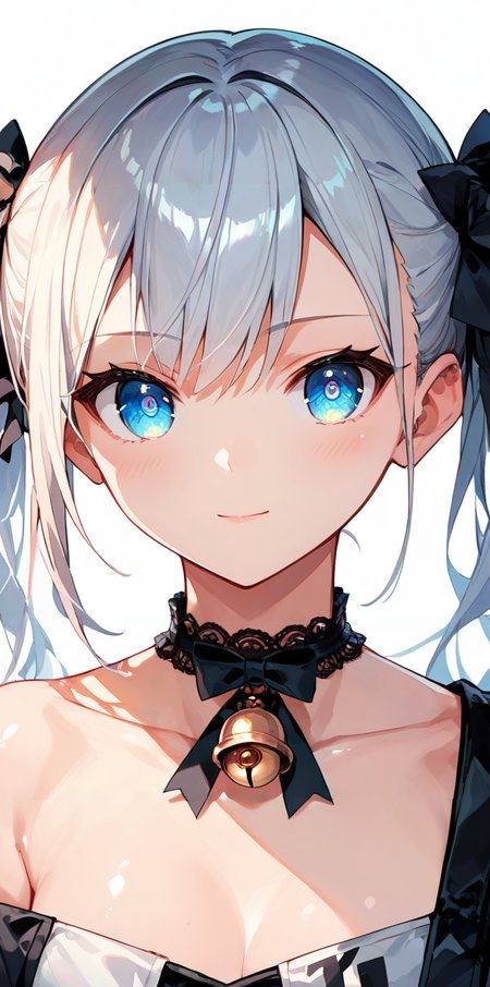 score_9, score_8_up, score_7_up,source_anime, high res image,masterpiece,best quality,girl,cute face,clear skin,shiny hair,ultra detailed eyes,simple background,  <lora:chocker_pony_V1.0:0.6> choker,bell
