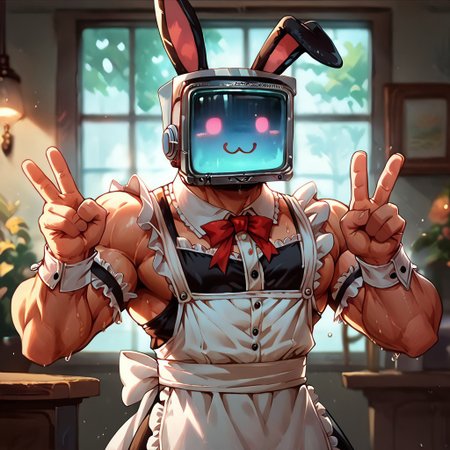score_9, score_8_up, score_7_up, detailed background, modern, maid cafe, soft lighting, cold lighting, solo, male, screenface, screen head, bunny ears, cute, barazoku, big muscle, huge muscle, maid outfit, (uwu), v sign, (facing viewer)