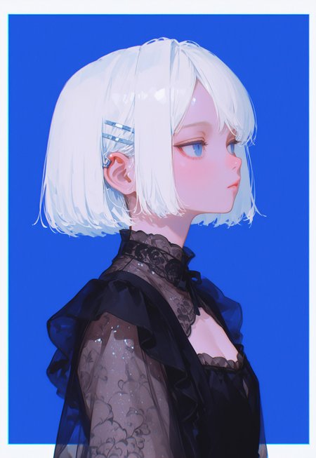 masterpiece, best quality, 32k, high resolution, absurdres, HD32k, masterpiece, high detail, extremely detailed, detailed linework, dynamic composition, (realistic), flat color,

1girl, solo, looking side, upper body, hairclip, expressionless, white hair, blue eyes, tsurime, thick white border, victorian maid dress, black clothing, bobcut hair, closed mouth, swept bangs, from side, looking to the side, blue background, flat chest, ear pierces, blushed, translucent clothes, cleavage,