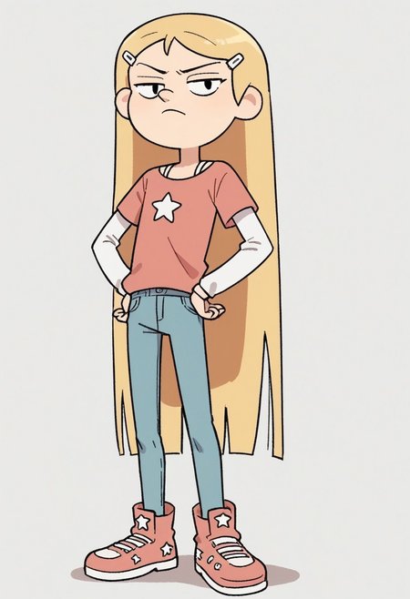 score_9, score_8_up, score_7_up, 1girl, K3lly, blonde hair, very long hair, white hairclip, black eyes,, 
salmon-pink t-shirt with a white star in the middle. Underneath that, a white long-sleeved shirt, light blue jeans, pink and white high tops shoes, frown, looking at viewer,
hands on hips,