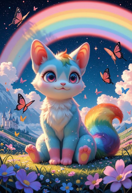 masterpiece, best_quality, detailed_eyes, 
chromatic_colors, fairytale_landscape, cute_creature, multicolored_fur, sitting, rainbow, magical, starry, butterflies,
