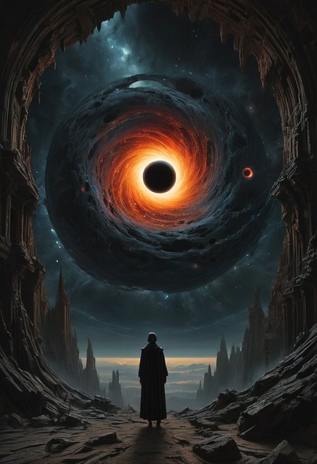 Subject: Massive black hole, inspired by Beksinski's gothic surrealism and Caravaggio's dramatic light.Style: Photorealistic with gothic-sci-fi and Baroque influences.Details: Centered black hole, embodying the eerie, majestic force of the cosmos, framed in Beksinski's apocalyptic style and Caravaggio's intense chiaroscuro. Space is alive with swirling galaxies and ethereal light, capturing the sublime terror of the universe.Composition: 8K HDR, Depth of Field, Action Scene, Natural Lighting, centered-shot, 22 Megapixels, shot on IMAX 70mm, detailed, elegant, perfection, shimmering, with a perspective that dramatizes the black hole's gravitational pull.Render: The scene merges the haunting beauty of infinite space with the artistic depth of Beksinski and Caravaggio, creating a captivating, high-resolution image that invites viewers to ponder the cosmic ballet of light and darkness. <lora:add-detail-xl:1>