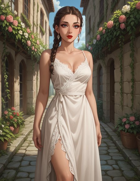 Role-playing game (RPG) style fantasy score_9, score_8_up, score_7_up, score_6_up, score_5_up, score_4_up, hud_s1lk_ngwn, 1girl, makeup, lipstick, solo, Intricately braided chestnut hair adorned with delicate flowers.,  sleeveless white dress, lace trim, breasts, <lora:silk_nightgown:0.7> , A futuristic drone delivery hub, where autonomous drones transport packages and goods throughout the city . Detailed, vibrant, immersive, reminiscent of high fantasy RPG games