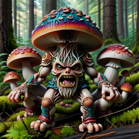 Highly Detailed, Hyper-maximalism, extremely intricate, Fallic Mutant mushrooms with arms and legs and angry faces, charging full speed into battle, with killer gnomes, in a scary forest muted colours, light lines, mushroomz,Highly Detailed, Hyper-maximalism, extremely intricate, Fallic Mutant mushrooms with arms and legs and angry faces, charging full speed into battle, with killer gnomes, in a scary forest muted colours, light lines, mushroomz