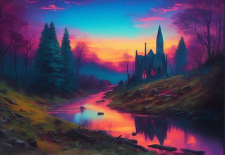 horizon, night, a river running through a forest, (ruined church:0.7), creek, twilight, (colorful:1.2), saturated, vivid, (Opal sky:0.01), twilight, looking at from a distance