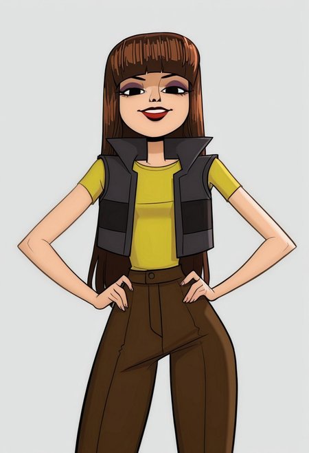 julie, 1girl, bangs, solo, blunt bangs, shirt, vest, lipstick, yellow shirt, black eyes, makeup, long hair, brown hair,pants, black hair, smile, cowboy shot,white background, looking at viewer,, masterpiece, best quality, amazing quality, very aesthetic, absurdres,J0t44b,