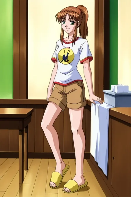 score_9, best, masterpiece, uncensored,
indoors,
1girl, solo, smile, retro artstyle, 1990s (style),
LTHRMNYumiko, white print t-shirt with red trim, brown shorts, yellow toeless slippers,
<lora:LeathermanYumiko:0.8>​​​