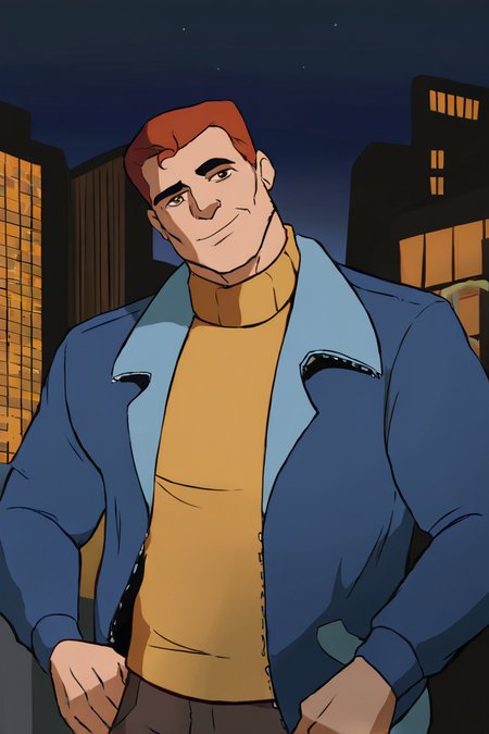 masterpiece, best quality, highres, newest, eddiebrock, 1boy, solo, male focus, mature male, short hair, orange hair, brown eyes, thick eyebrows, yellow turtleneck sweater, blue jacket, open jacket, long sleeves, looking at viewer, smile, standing, portrait, upper body, outdoors, city, building, night, night sky <lora:Venom (Eddie Brock) Spider-Man TAS v1.2 [LoRA] - NoobAI-XL EPS 1.0:0.8>