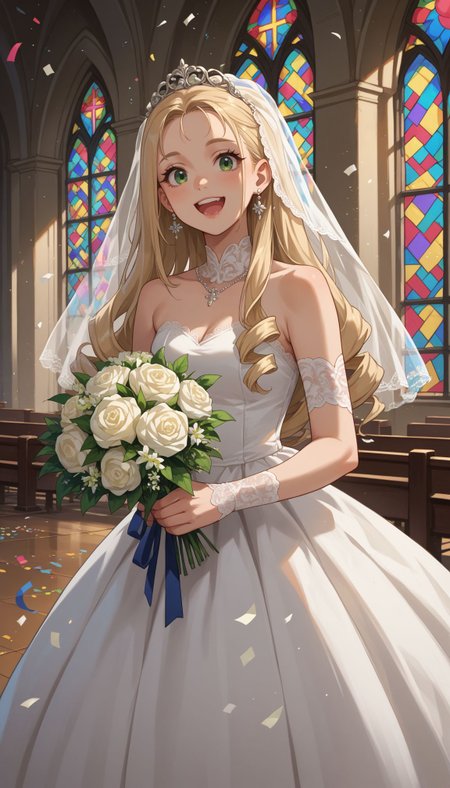 score_9, score_8_up, score_7_up, score_6_up, , solo,
<lora:GUPMarie:0.8>,BBMarie, 1girl, long hair, blonde hair,  drill hair, green eyes,  wedding dress, veil, church, holding bouquet, (confetti:1.1), smile, open mouth, white dress, wedding dress), indoors,
