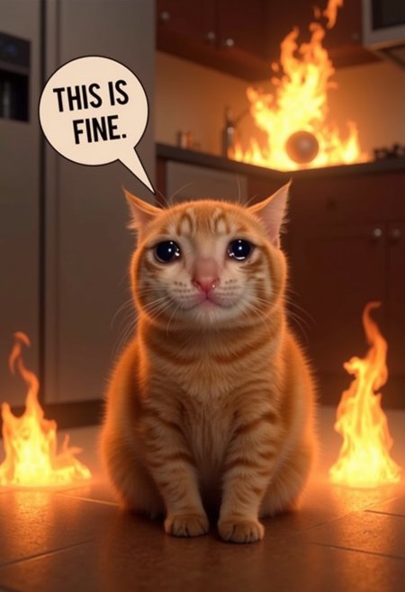 realistic photo of crying cat with a speech bubble that says "This is fine.", surrounded by flames, sitting on the floor, shallow depth of field,  kitchen in background, the kitchen is on fire, incredibly detailed, hyperrealistic digital photo, crying, tears, lots of flames