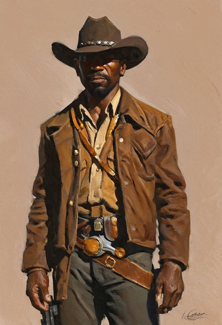 by Ian McQue and Sam Spratt,  <lora:EnvyStudioPortraitXL01:0.35> ,   pointing a pistol <lora:pistol:0.60> (african american man) (cowboy) Gold-chains. revolver (coherency: 1. 69) (Highest quality: 1.39), sheriff badge, realistic, realism