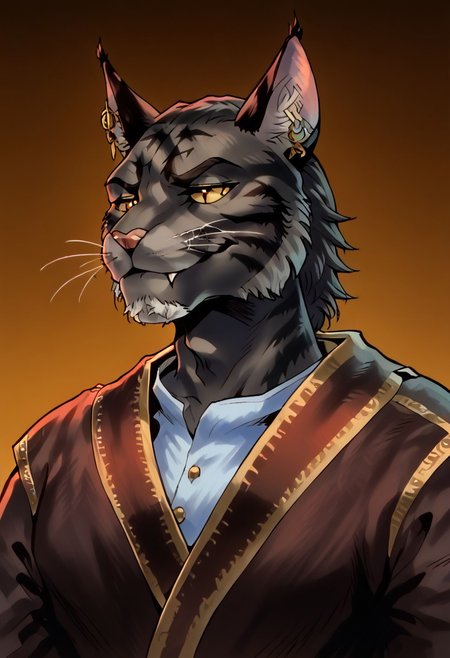 score_9, score_8_up, score_7_up,  
BREAK
slim male (((furry khajiit))), feline, 45 year old male with cat nose, cat whiskers and a tail, evil, matching yellow feline eyes, prominent eyebrows, smug, wealthy, sleek, mutton chops, smooth, slick, charming, oily, groomed beard, (((black short fur tabby, cat nose, whiskers, cat ears, cat tail))), frank frazetta style, rich, luxurious, wearing skyrim high fantasy nobleman's clothing, lord's clothing,  brown padded luxurious coat, medallion, toned body, (((mature face, smug evil expression))), 4K, high quality, detailed, skyrim style