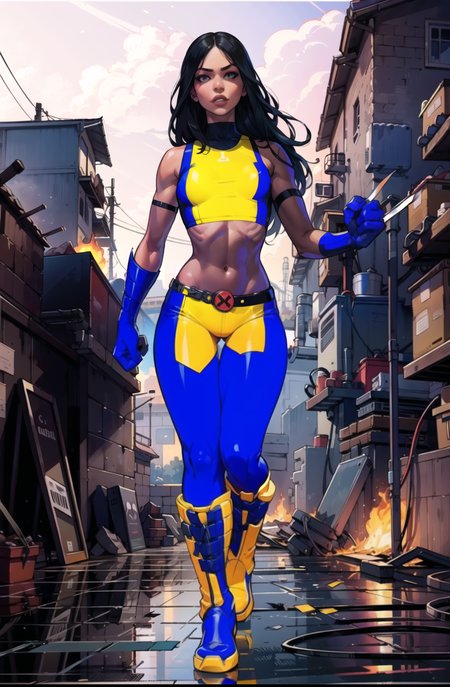 <lora:x-23v1:0.8>,  X23, midriff, gloves, claws, factory, fire, walking towards camera, full body, (masterpiece), (best quality:1.2), perfect lighting, yellow top, blue top, boots, looking at viewer,