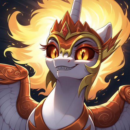 masterpiece, score_9, score_8_up, score_7_up, (best quality:1.1), ultra-detailed, high resolution, beautiful detailed eyes, Long eyelashes, Looking At Viewer, Highly Visible, 8k, Daybreaker, Alicorn, g4, both cutie marks, female, feral, sharp focus, perfect lighting, beautiful eyes, anatomically correct, extremely detailed, (In the Burning cityscape), Sun rays cutting through dark clouds, shine on body, high detail, evil face, Sharp teeth, (Creepy sadistic smile), Expressiveh, OverallDetail