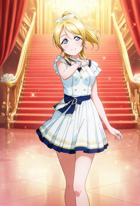 masterpiece, best quality, solo, 1girl, aged up, happy, 
 eli_ayase, ayase_eli, yellow hair, blue eyes, ponytail, hair ribbon, pleated skirt, short sleeves, skirt, elegant idol outfit, blue and white gown, ruffled accents, golden embroidery, pearl earrings, ballroom-inspired stage, chandeliers glowing, polished marble floor, romantic waltz, dreamy atmosphere, graceful and poised performance