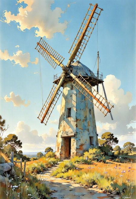 A high-detail watercolor painting of a traditional windmill standing serenely in a lush green meadow. The windmill’s wooden blades and weathered stone base are intricately detailed, with soft strokes capturing the texture of aged materials. Wildflowers in hues of yellow, purple, and white scatter across the meadow, adding vibrant accents to the scene. A gentle breeze ripples through the tall grass, and a tranquil blue sky with soft, fluffy clouds forms the backdrop.