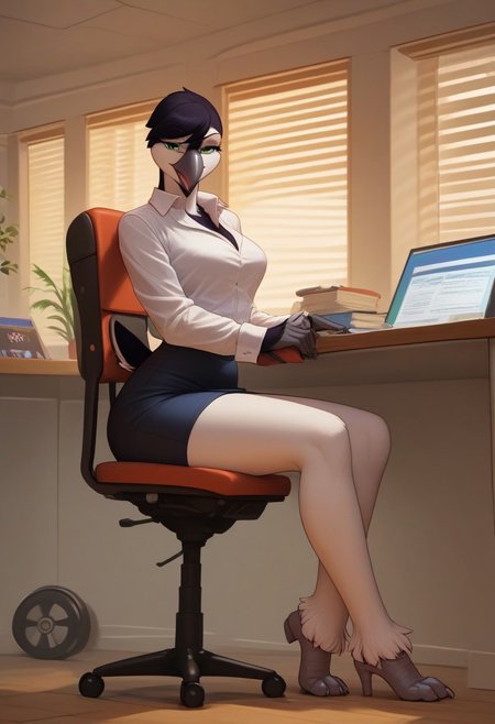 (ultra realistic, 32k, masterpiece:1.2), (high detailed skin:1.1), (high quality:1.1), source_furry,<lora:add-detail-xl:.5>, Furry,  smooth image,  score_7_up, score_8_up,score_9,perfect quality ,perfect shadows, perfect lighting, detailed body, masterpiece, best quality, very aesthetic,solo,female ,Bird girl,susan, penguin,female,Two tone body, green eyes,full body, black skin,white skin,wide hips,Big breasts,white legs,sit on chair, Office chair, Office suit,pencil skirt,