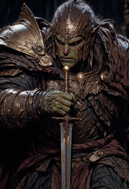 ck-0rcs, UHD 32k epic fantasy movie still, closeup portrait, photograph,  this is an image of a orc, green-skinned muscular female orc wearing armor and holding a sword by the hilt, epic fantasy battle background, cinematic realism, high action pose, perfect pupils, insanely detailed faces, correct digits, realistic skin, intricately detailed, dimly lit,  perfect eyes, perfect pupils, expressive eyes, texture