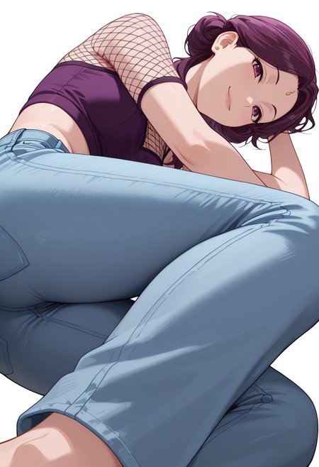 Smooth Quality,masterpiece,very intricate, high quality details, ultra realistic, high detailed skin,detailed enviorement,absurdres,
partially undressed, 
 <lora:Yinghua_CNR:0.8> yinghuacnr, purple hair,  purple eyes,, simple background, white background, from below,
lying on side, one arm supporting head, relaxed legs, soft smile, casual vibe,  ,evil smile,, raincoat,  ,fishnet top,  ,jeans, ,