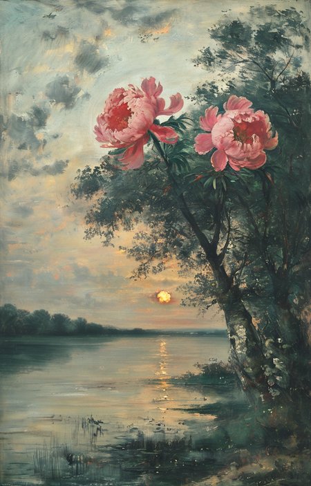 masterpiece,best quality,<lora:tbh291-sdxl:0.9>,illustration,style of Charles-Francois Daubigny decaying peonies