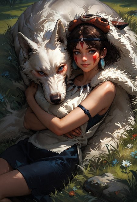 score_9, score_8_up, score_7_up, score_6_up, score_5_up, score_4_up,   san, 1girl, mature woman, relaxed, resting, in tall grass, hugging a giant white wolf, dynamic angle, solo, short hair, brown hair, grey eyes, headband, face paint, earrings, white sleeveless top, navy under dress, arm cuffs, fur headdress, fur cape, light-skinned female, female focus, looking at viewer, smiling, (tall grass:1.2), (blush:1.1), (sunny:1.2), daytime