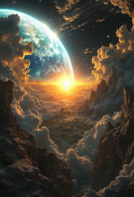 view of a planet in the sky with clouds and mountains, stars,  sun is shining brightly, beautiful backdrop, hyper-detailed, ultra-sharp, hyper-realistic, professional photoshoot
