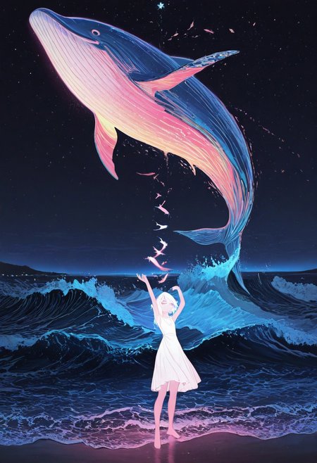 masterpiece, best quality, good quality, very awa, newest, highres, absurdres, 1girl, solo, dress, standing, white hair, sky, barefoot, white dress, water, arm up, arms up, night, ocean, animal, star \(sky\), night sky, scenery, starry sky, fish, wide shot, waves, oversized animal, whale, flying fish, limited palette, sketch, glowing, psychedelic, <lora:illustriousXL_stabilizer_v1.23:0.3> <lora:NOOB_vp1_detailer_by_volnovik_v1:0.3> <lora:ponyv6_noobE11_2_adamW-000017:0.3> <lora:114558v4df2fsdf5:1> <lora:mon_monmon2133:0.6>