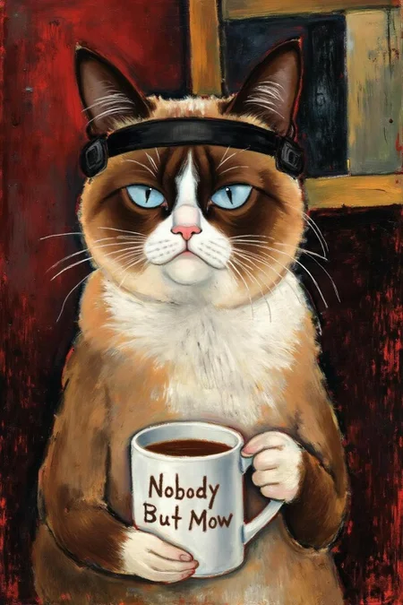 amedeomodigliani1 painting. 
Grumpy Cat holding a coffee mug, wearing a VR Headset. The mug has the phrase "NobodyButMeow" printed 
  <lora:amedeomodigliani1_cap_d6a3e8:1.0><lora:847313234703706281:0>