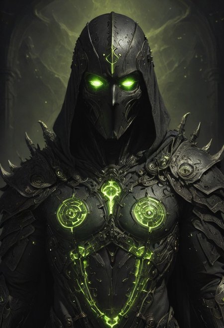 chiaroscuro, dark, a lone reaper of night, black serpents create a cloak of darkness, detailed intricate black gothic armor adorns his body, a hood obscures his face and eyes in black, deep shadows accompany him like phantoms, glowing runes, horns, low-key, nuclearhazard