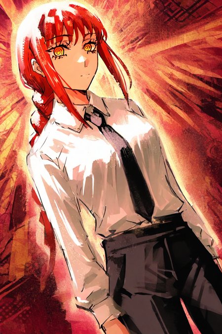 score_9, score_8_up, score_7_up, score_6_up, score_5_up, score_4_up, <lora:mak1ma0XL_Pony_v1:0.8> , mak1ma0, makima, red hair, long hair, ringed eyes, braid, white collared shirt,black necktie, black pants, 1girl, solo, alone, <lora:anime_glitch_art:1>, anime_glitch_style, masterpiece, highres