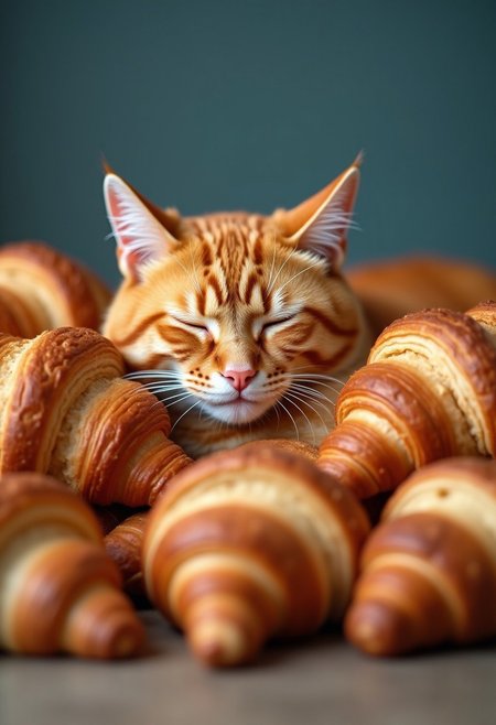 A serene (orange tabby cat) nestled comfortably among a row of (warm, golden croissants), its eyes gently closed in a state of complete relaxation. The cat’s (striped fur) blends almost seamlessly with the flaky layers of the croissants, creating an amusing yet harmonious composition. The (soft, warm lighting) enhances the texture of both the cat's fur and the croissants' crust, highlighting the cozy and whimsical nature of the scene. The (cool background) contrasts with the warm tones in the foreground, adding depth and making the cat and croissants stand out as the focal point.