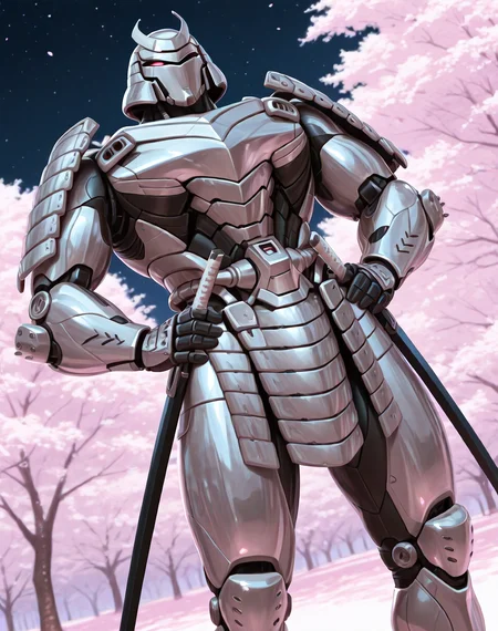 <lora:Silver_Samurai_(Marvel_Comics)_(Illustrious)_(AD):1> Silver Samurai, robot, armor, 
((
exterior, traditional Japanese noble's estate home, cherry blossoms, night sky, 
dutch angle, dynamic action, male focus, solo, fully armored, villain, hyper glossy body, powerful, superiority, hands on hips, 
)),
BREAK: very awe, aesthetically pleasing, masterpiece, best quality, amazing quality, very aesthetic, depth of field, absurd details, depth of field, atmospheric rendering, natural shading, soft shading, 
BREAK: lazympos, lazypos (3),