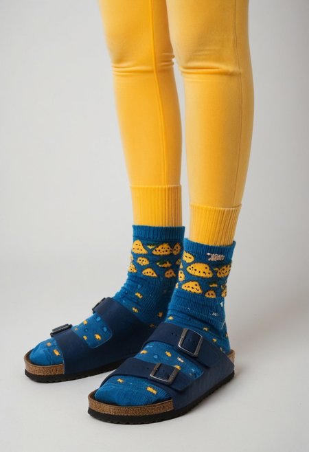 (photograph of woman's feet wearing socks and sandals and leggings), 1girl, solo, dynamic_pose, simple_background, white_background, scksnsndls, patterned blue socks, lower_body, footwear_focus, yellow leggings, birksonsocks, birkenstock