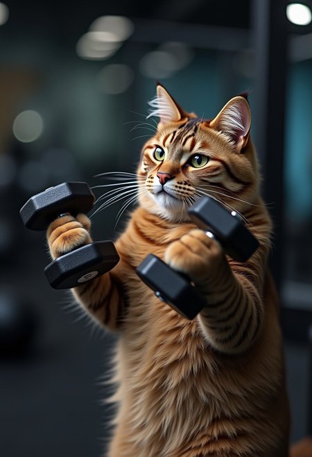 cat in the gym lifting two dumbbells one in each hand